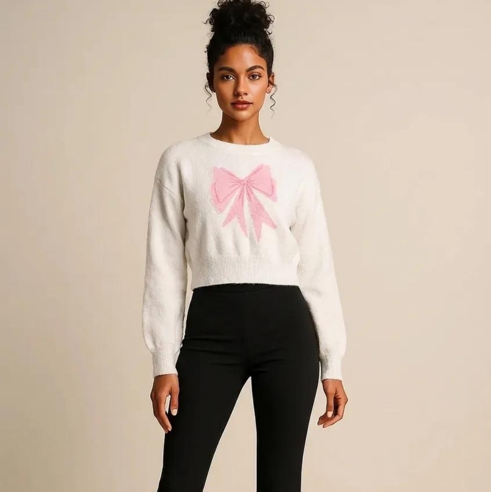 Jessica Simpson Cream Sweater with Pink Bow Large
